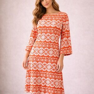 Shelby Palmer Orange White Print Midi Dress XL Flare Sleeve Casual Boho Chic